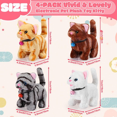 Halloscume 4 Pcs Cat Stuffed Animal Interactive Electronic Plush Animals Walking Barking and Wagging Tail Toys for Christmas Classroom Kids Birthday Gifts 7"