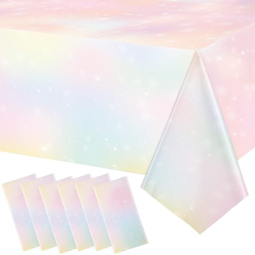 Pastel Rainbow Tablecloths Disposable Tablecloth Waterproof Plastic Table Cover Pastel Rainbow Party Decorations Pastel Party Supplies for Birthday Wedding Bridal Shower Party, 108 x 54 Inch (6 Pcs)