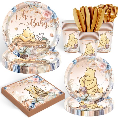 120PCS Autumn Winnie Bear Party for Babyshower Supplies Classic Bear Party Decorations Fall Pumpkin Neutral Winnie 1st Birthday Plates Napkin Cups Tableware Set for 20 Guests