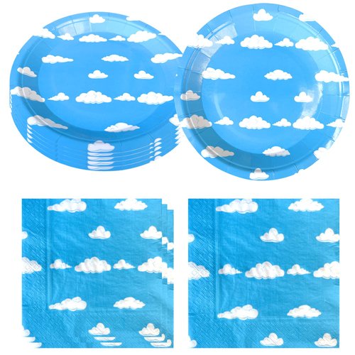 Hqyybf Blue Sky White Clouds Birthday Party Supplies, 20 Plates and 20 Napkins, Blue Sky Cartoon Theme Birthday Party Decorations for Baby Kids Shower