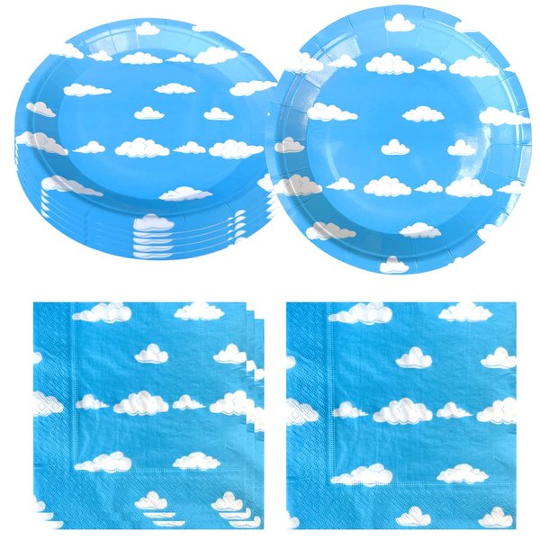 Hqyybf Blue Sky White Clouds Birthday Party Supplies, 20 Plates and 20 Napkins, Blue Sky Cartoon Theme Birthday Party Decorations for Baby Kids Shower