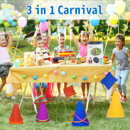 Win SPORTS 3 in 1 Carnival Outdoor Games Combo Set, Soft Plastic Cones Cornhole Bean Bags Ring Toss Games,for Kids Adults Indoor Outdoor Birthday Party Lawn Games Supplies (26 Pieces