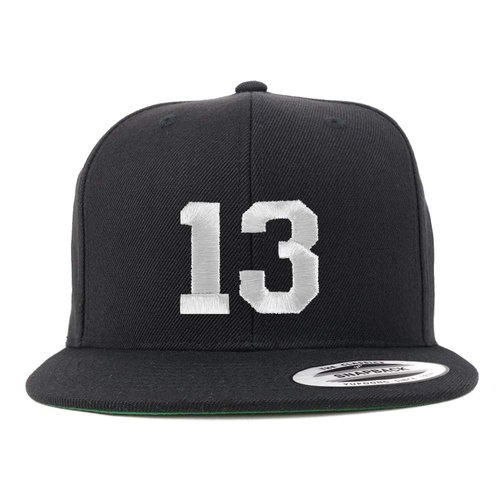 Trendy Apparel Shop Number 13 White Thread Embroidered Flat Bill Snapback Baseball Cap - Black