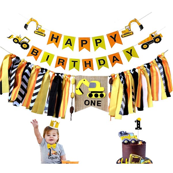 PRATYUS Construction Birthday Party Supplies for Kids, Construction Party Decorations with Banner, Highchair Banner, Yellow Bow Tie Crown Kit, Cake Topper for Boys Girls Bday Party Event Favors