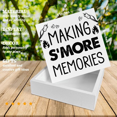 Camping Wooden Box Sign House Decor Country S'mores Station Square Wood Sign Desk Decoration Camp Campfire Wood Block Plaque Box Sign for Shelf Home 5 x 5 Inches