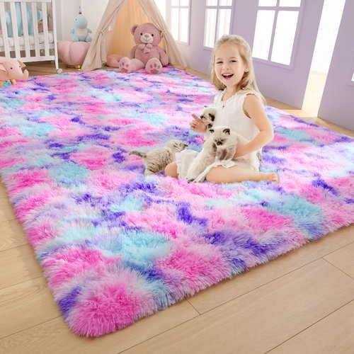 AROGAN Soft Rainbow Area Rugs for Girls Room 3x5 Feet, Fluffy Cute Colorful Princess Carpet for Kids Teens Nursery Toddler,Bedroom Hot Pink