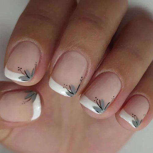 24 Pcs Spring Press on Nails Short Square RIICFDD French Fake Nails Nude False Nails with Leaf Floral Designs Glossy Full Cover Glue on Nails for Women Girls Acrylic Nails