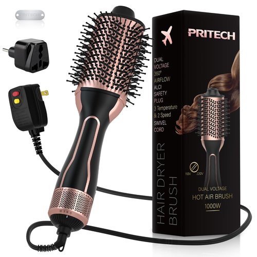 Dual Voltage Hair Dryer Brush, PRITECH Hot Air Brush, Ionic 1000W Blow Dryer Brush 4 in 1 Styler, One Step Volumizer with Ceramic Coating for Straight and Curling Hair Salon