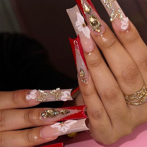 Aegenacess Press On Nails Square - Red Press On Nails Extra Long, Luxurious Glue On Nails with 3D Butterfly Rhinestones, Semi-Transparent Nude Stick On Nails, Handmade 24PCS Fake Nails in 12 Sizes