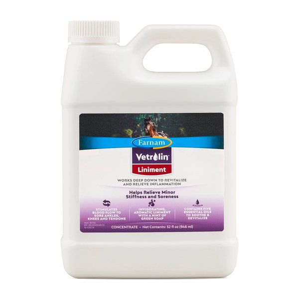 Farnam Vetrolin Horse Liniment for Muscle Soreness, Stiffness and Inflammation Relief on Horses, Helps Reduce Swelling, Aids in Pain Relief, 32 Oz.