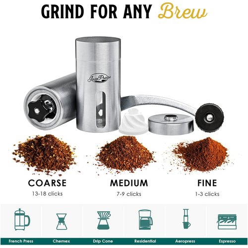 JavaPresse Manual Stainless Steel Coffee Grinder - 18 Adjustable Settings, Portable Conical Burr Grinder for Camping, Travel, Espresso - With Hand Crank