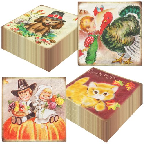 Vintage Thanksgiving Decorations Napkins,40pcs Thanksgiving Paper Napkins Disposable Kids Pumpkin Turkey Napkins, Retro Thanksgiving Decorations Napkins for Fall Harvest Thanksgiving Party