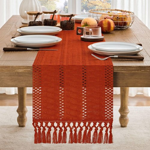 ZeeMart Macrame Style Boho Table Runner, Burnt Ochre Fall Table Runners 72 Inches Long, Farmhouse Woven Home Decor, 12x72 Inch, Dark Orange