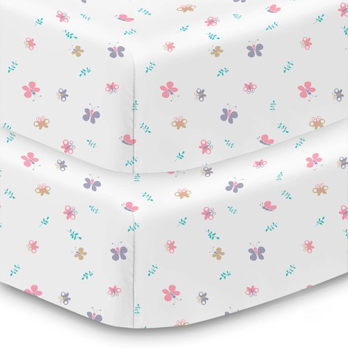 BreathableBaby Cotton Percale Fitted Sheet, for 52" x 28"/132 x 71 cm Crib & Toddler Bed Mattress, Butterflies (2-Pack)