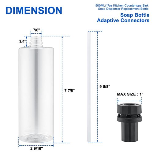 【Updated】 Soap Dispenser Bottle for Kitchen Sink Replacement - 500ML/17oz Soap Bottle - A Replacement for Your Soap Dispenser, Please Confirm The Adapter Maximum Connection Size Before