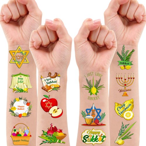 100 PCS Happy Sukkot Sukkah Temporary Tattoos Themed Birthday Party Decorations Favors Supplies Decor Cute Chag Sameach Harvest Jewish Tattoo Stickers Gifts For Game Boys Girls Classroom School Prizes