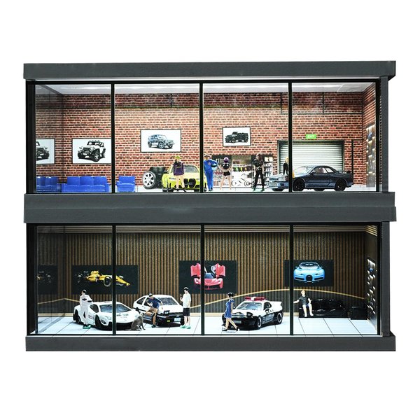 NUEIOVRW 1/64 Diorama Car Garage Model,with LED Lighting City Car Showroom Model Car Parking Lot Storage Model,for 1/64 Scale Diecast Model Car,Scene Display Model Collection Gift (Red Brick)