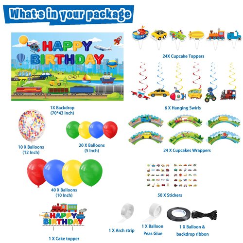 KimaruLZ Transportation Birthday Party Supplies, 185 Pcs Transportation Train Car Themed Party Decorations for Boys Girls - Backdrop, Toppers, Balloons, Cupcakes Wrappers, Hanging Swirls, Stickers