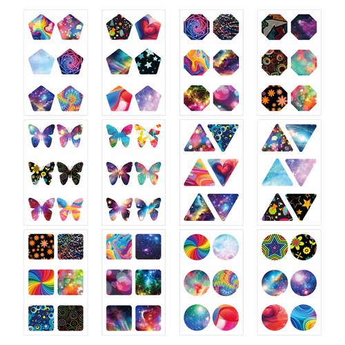 72 Piece Geometry Temporary Tattoos Stickers for Kids Reward, Starry Sky Rainbow Butterfly Square Circles Triangle Colorful Tattoos for Boys Girls Student Teachers Classroom Party