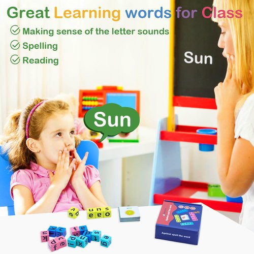Humerry Word Spelling Game, Matching Letter Game for Kids, Fast-paced Word Race Cube Game, 40pcs Flash Cards Alphabet Blocks, Preschool Learning Educational Toys for Gift for Kids Ages 3-8