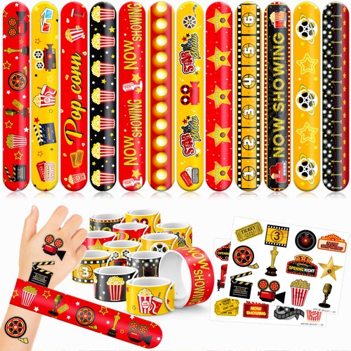 48 Movie Night 24PCS Movie Night Temporary Tattoos Sticker 24PCS Slap Bracelets Perfect for Themed Birthday Party Favors Baby Showers or Classroom Rewards Ideal Decor and Gifts for Girls and Boys