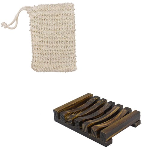1 pari Soap Exfoliating Bag Natural, Soap Saver with Drawstring and Wooden Bead Holder,Exfoliating Loofah Pouch for Bathroom Shower