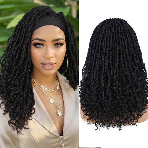 Fancy Hair Faux Locs Headband Wigs Turban Wig Dreadlock Wig Braided Twist Wigs Hand Braided Curl Synthetic Party Cosplay Half Wigs for Black Women Black 20"