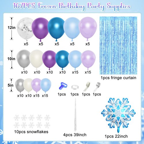 167Pcs Frozenn Balloons Arch Garland Kit, Froozen Birthday Party Decorations Supplies Fringe Curtain Blue Purple Snowflake Balloon for Winter Wonderland Christmas Princess Girl Decor
