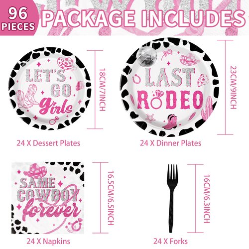 96Pcs Cowgirl Party Decorations 350 GSM Last Rodeo Bachelorette Party Plates and Napkins Let's Go Girls Party Tableware Sets for Western Disco Cowgirl Baby Shower Birthday Party Supplies,Serves 24