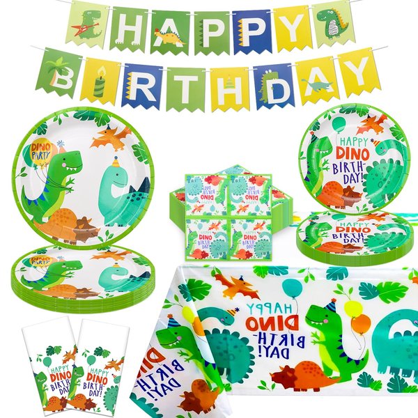 123 Pack Dinosaur Party Supplies Dino Birthday Party Decorations Set Dinosaur Themed Happy Birthday Supplies Include Plates, Napkins, Birthday Banner, Party Tablecloth for 40 Guests