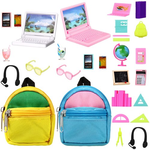 29 Pieces Dollhouse Accessories Mini Laptop Computer Tablet Phone Toy Miniature Glasses Headset Backpack Drink Toys Plastic Doll Accessories for Dolls (Delicate Style)