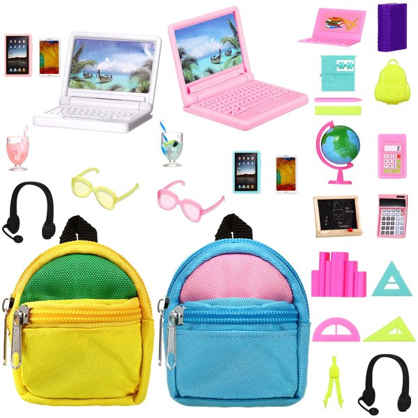 29 Pieces Dollhouse Accessories Mini Laptop Computer Tablet Phone Toy Miniature Glasses Headset Backpack Drink Toys Plastic Doll Accessories for Dolls (Delicate Style)