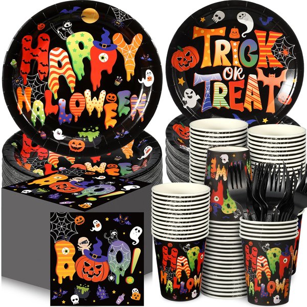 Sliner 180 Pcs Halloween Party Supplies Plates Napkins Cups Serve 30 Halloween Disposable Paper Dinner Dessert Plates Spooky Napkins Cocktail Beverage Cups Plastic Fork Set (Multicolor,Cute Style)