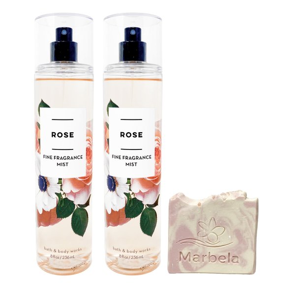 Bath & Body Works ROSE - 2 Pack Of Fine Fragrance Mist with a Himalayan Salts Spring Sample Soap.