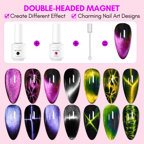 Makartt Gel Nail Polish Magnetic Cat Eye Yellow Purple Sliver Rose Red Green 9D Black Hole Gel Polish with Magic Effect 8ml 6 Colors with Magnet Stick Soak Off Manicure DIY Nail Art Designs