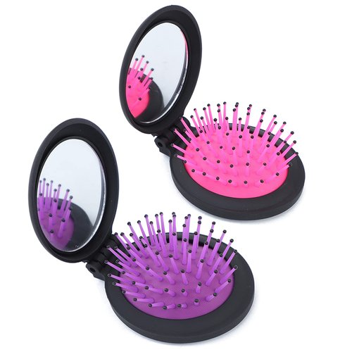 Abellee Travel Hair Brush, Travel Brush Mini Hair Brushes for Women, 2Pcs Small Hair Brush Folding Travel Comb Mirror Hairbrush for Women for Purse for Girls(Pink+Purple)