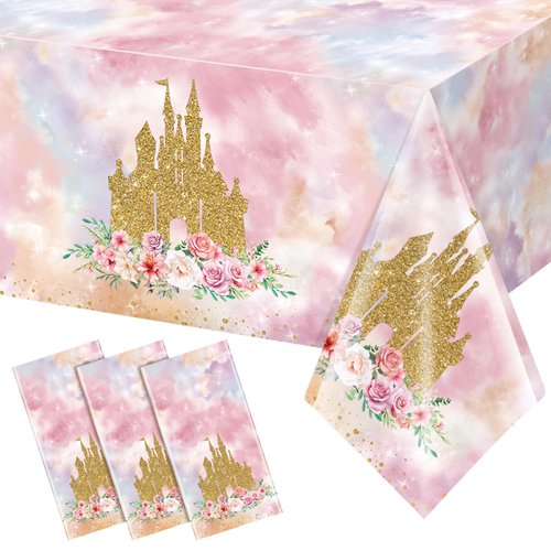 3 Pack Princess Tablecloths Birthday Decorations,Plastic Pink Rose Castle Table Cloth for Parties,Disposable Rectangle Floral Table Cover for Baby Shower Girls Birthday Party Supplies,54x108 Inch