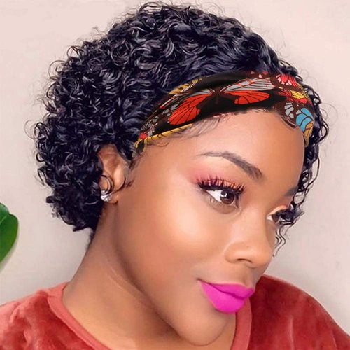 SWEETGIRL Curly Headband Wig Human Hair Wigs for Women Short Curly Bob Headband Wigs Ready to Wear and Go Glueless Wigs Curly Pixie Cut Half Wig 150% Density Natural Black 6 Inch