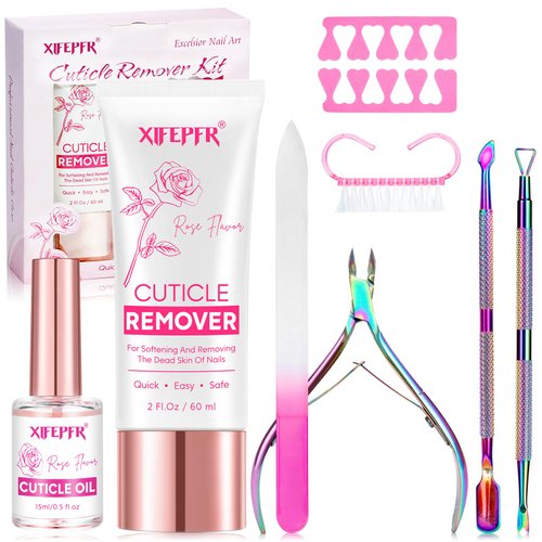 XIFEPFR Cuticle Remover Kit - Cuticle Remover Cream & Cuticle Oil, Rose Flavor Cuticle Care Kit with Cuticle Trimmer Cuticle Pusher Cuticle Nipper for Manicure, Removedor de Cuticula for Nail Care