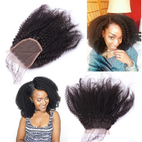 Afro Kinky Curly Lace Closure Human Hair 4"x4"Size Free Part Top Full Frontal Closure Piece with Baby Hair Remy Hair Extension 08"inch