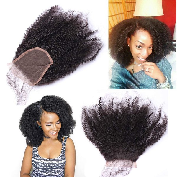 Afro Kinky Curly Lace Closure Human Hair 4"x4"Size Free Part Top Full Frontal Closure Piece with Baby Hair Remy Hair Extension 08"inch