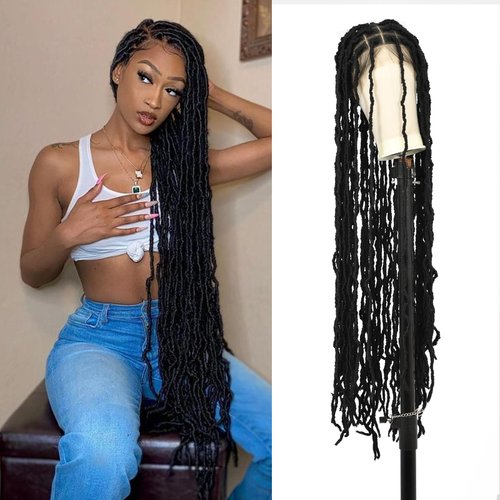 Esnccur 48" Knotless Braided Wigs for Women Full Double Lace Locs Braid Wig With Baby Hair Human Hair Blended Long Black Braided Lace Front Wigs