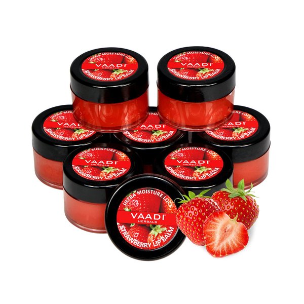 Lip Balm - ★ Ultra Moisturizer Lock - ★ Strawberry & Honey Flavor - ★ All Natural - ★ Pack of 8 X 10 GMS(0.35 Ounces) in Tin - Vaadi Herbals