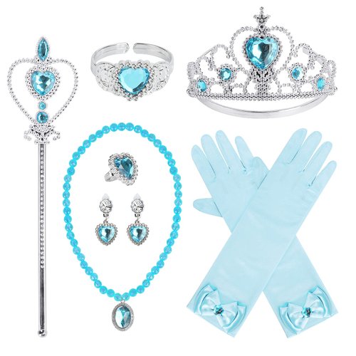 Princess Dress Up Party Accessories for Princess Costume Gloves Tiara Wand Necklace Earrings Bracelet and Ring Gift Set 9pcs (Blue, Set of 7, 9pcs)