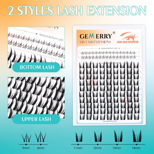 GEMERRY Lash Clusters with Bottom Lashes Fluffy Lash Extension Clusters 11-14mm Cluster Lashes Wispy Cluster Eyelash Extensions with 5-6mm Bottom Eyelashes DIY Eyelash Clusters for Self Use