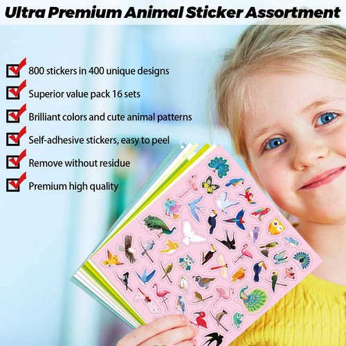 Animal Stickers for Kids Assortment Set 800 Count 16 Sheets 8 Themes Collection for Children Craft Party Favors