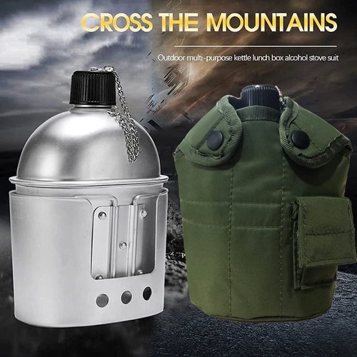 Tempsnow Aluminum Water Canteen Cup Stove Pouch Set Portable Military Canteen with Cup for Outdoor Camping Survival Nature Experience Hiking Backpacking