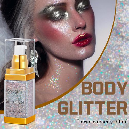Wugbc Body Glitter Gel, 70 ml Silver Hair Glitter Holographic Face Glitter Rave Accessories for Women Easy to Use Body Shimmer Iridescent Sparkling Sequins Festival Party Concerts Makeup