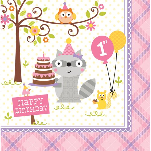 Creative Converting 1st Birthday Lunch Paper Napkins, 16 Ct, Happi Woodland Girl