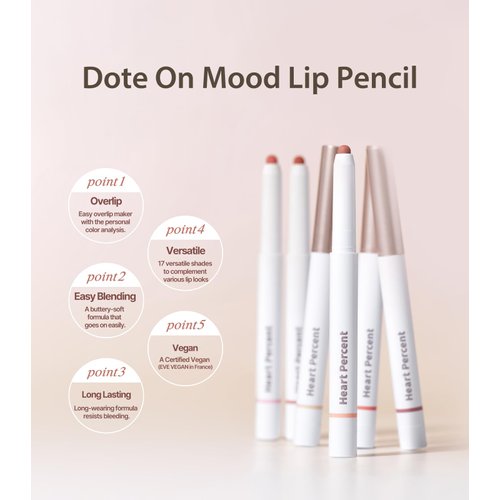 Heart Percent Dote On Mood Lip Pencil, Long-Lasting Creamy Lip Crayon Smooth Color Liner Retractable Lipstick Pencil 0.8g, #06. Rose Beige